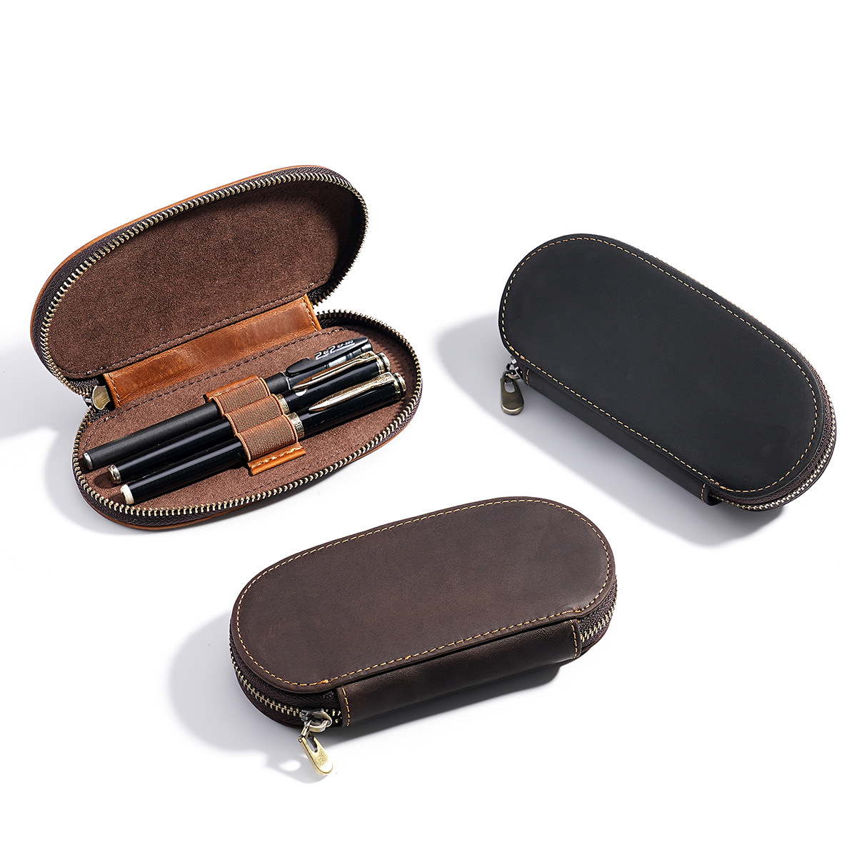Leather Fountain Pen Case 3 Slots Pouch - Kotak Pena Retro 3 Slot Buatan