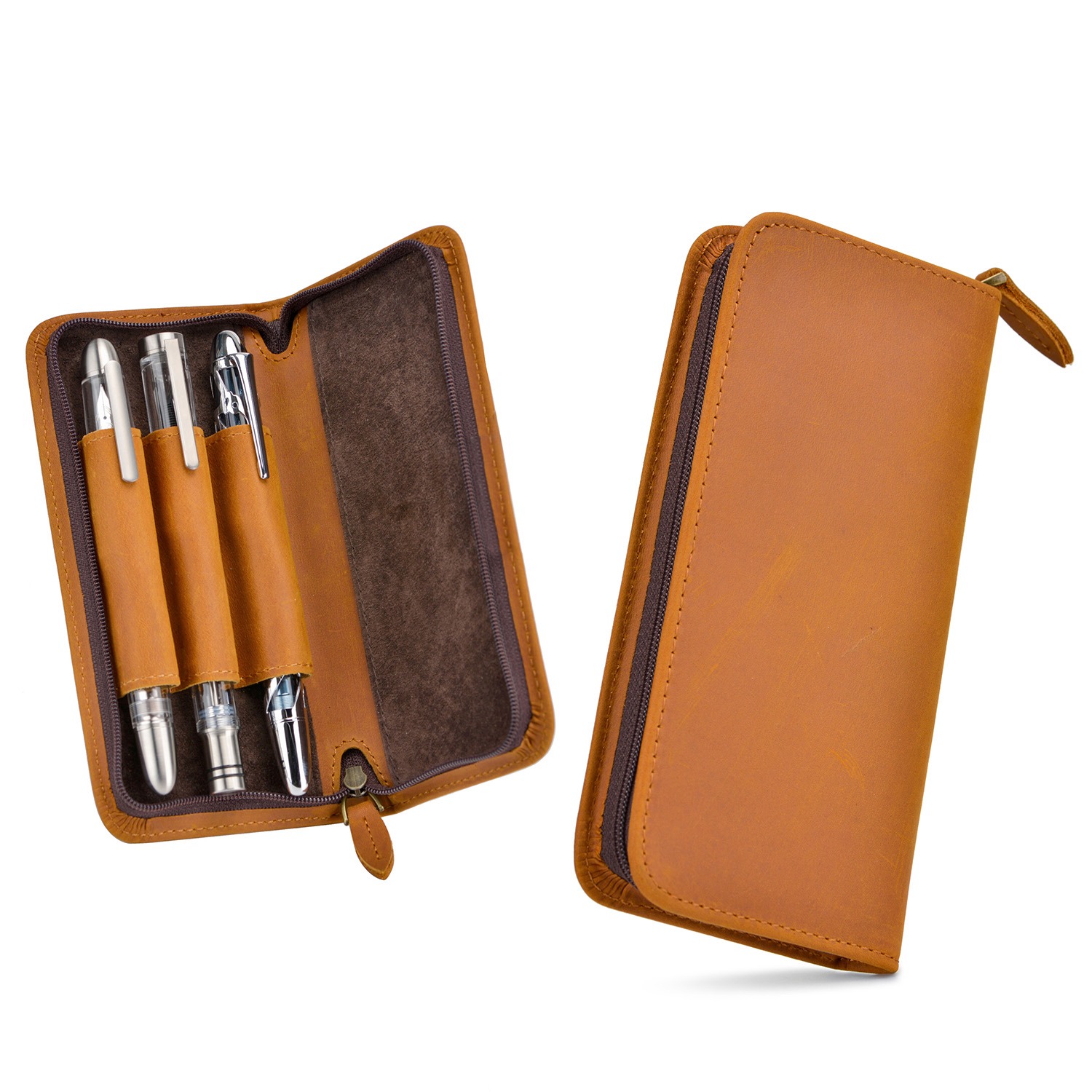 Leather Fountain Pen Case 3 Slots Pouch - Asvine kotak pena air mancur 3