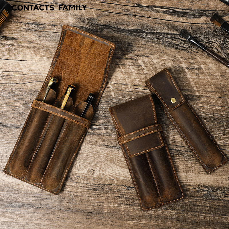 Kotak Pena Kulit Crazy Horse K - Leather Fountain Pen Case 3 Slots Pouch ulasan dan harga
