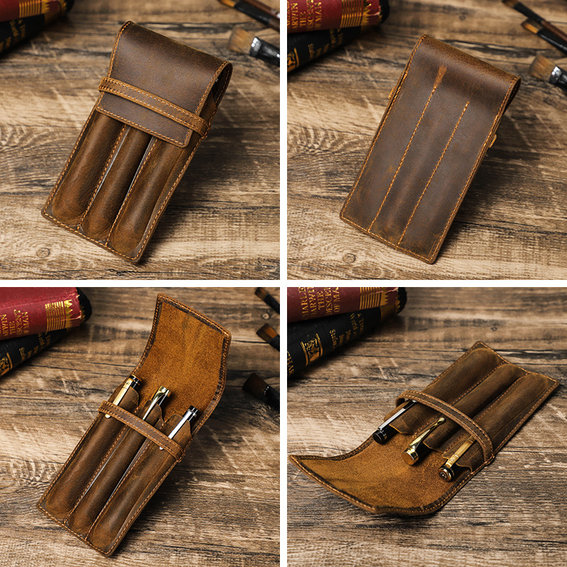 Kotak Pena Kulit Crazy Horse K - Leather Fountain Pen Case 3 Slots Pouch ulasan dan harga