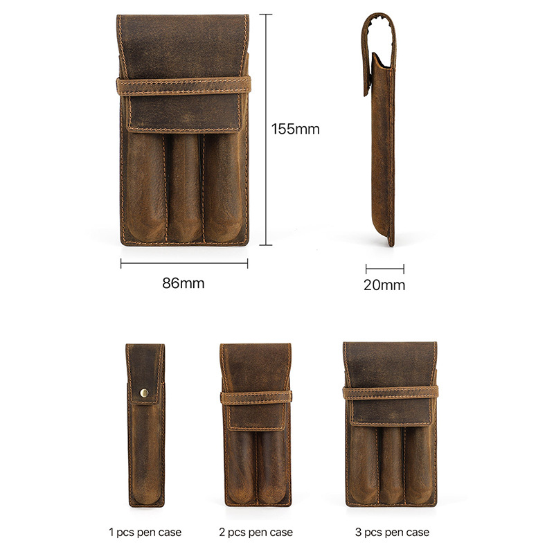Kotak Pena Kulit Crazy Horse K - Leather Fountain Pen Case 3 Slots Pouch ulasan dan harga