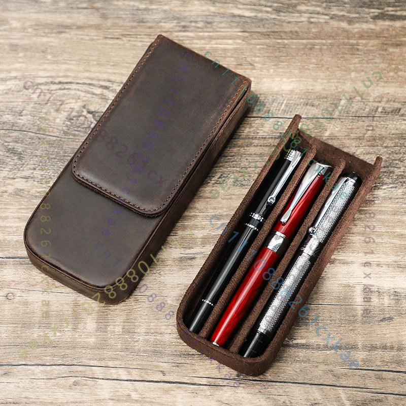 Kotak Pena Kulit Vintage Crazy - Leather Fountain Pen Case 3 Slots Pouch ulasan dan harga